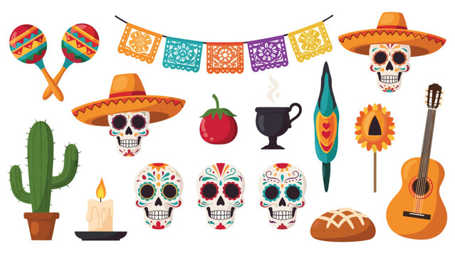 Collection of Mexican Day of the Dead elements including sugar skulls maracas sombrero guitar cactus and festive paper bunting.