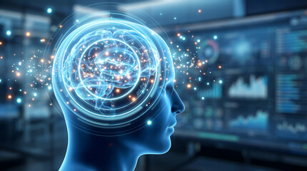 Glowing Digital Brain in Human Silhouette: Conceptual 3D Illustration of AI Neural Networks, Cognitive Innovation, and BCI Technology for the 2026 Era