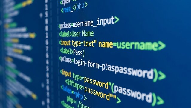 Code, HTML, php web programming source code. Abstract code background - 3d rendering