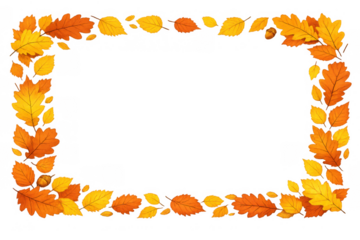 Autumn leaves border framing empty space, creating a vibrant seasonal background with fall foliage and acorns on transparent