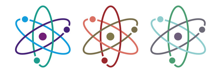 Colorful Atom vector icon set with Three electrons rotate in orbits around the atomic nucleus Vector illustration