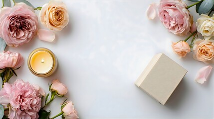 Romantic pastel composition with roses candle and wrapped gift box arranged on white background creating elegant celebration scene