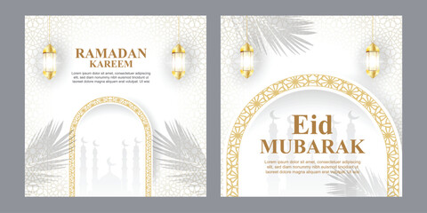 Naklejka premium Luxury Eid Mubarak greeting card with golden arch ornament and palm tree shadows on white Islamic geometric pattern background design.
