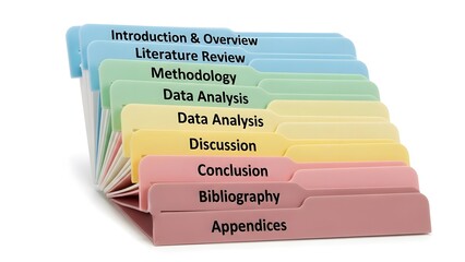 Colorful file folder dividers with research paper section titles and labels