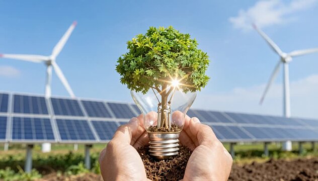 Hands holding a tiny tree inside a lightbulb with solar panels and wind turbines generating clean energy.