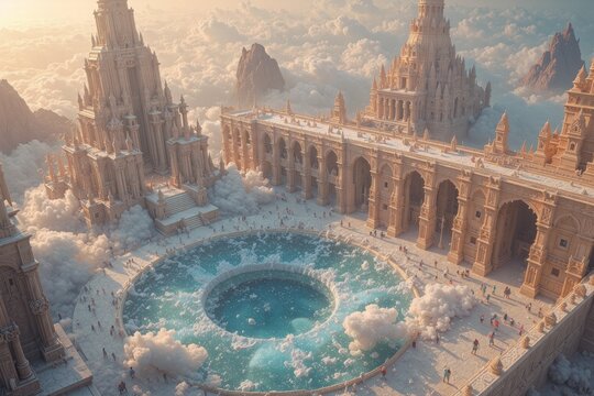 Majestic Ancient Sandstone Palace City Above the Clouds
