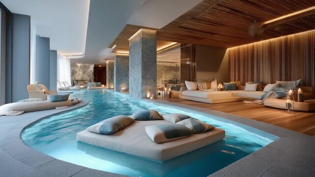 Spa Relaxation Oasis: A luxurious spa sanctuary featuring a tranquil indoor pool, inviting relaxation areas with plush seating, and soft ambient lighting to soothe and rejuvenate the senses.
