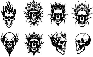 Obraz premium Gothic Skull Art Collection: Flaming Undead and Floral Rose Crown Silhouettes