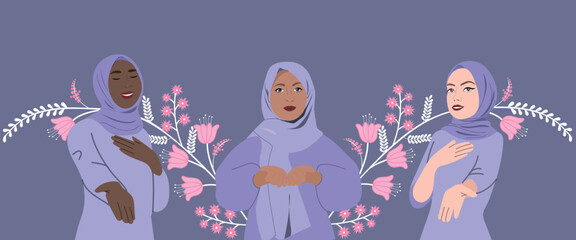 A gA group of beautiful muslim women with open hands. Concept of woman, femininity, diversity, independence and equality. #GiveToGain. Women's History moroup of beautiful muslim women with open hands.