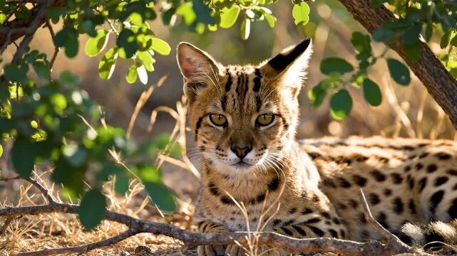 Beautiful wild serval cat resting in nature, looking alert and focused, camouflage in its natural habitat environment.
