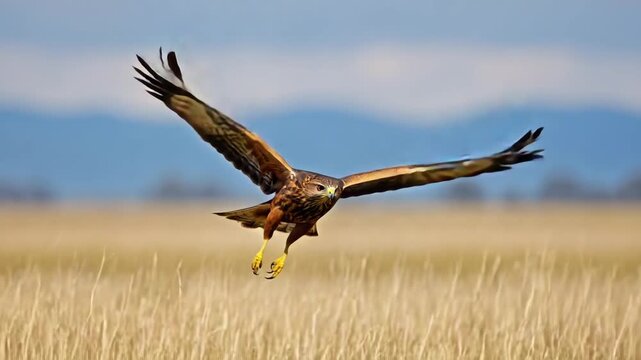 Brown hawk soaring gracefully over golden grassy field under clear blue sky with outstretched