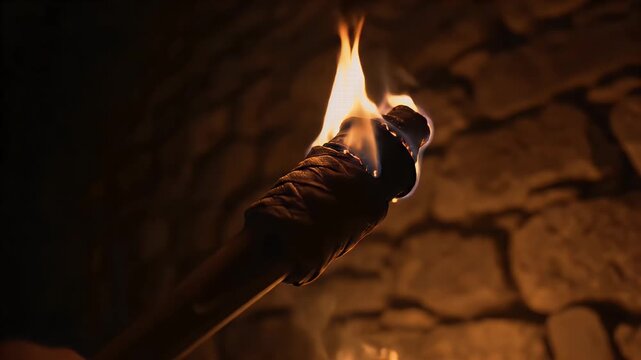 A torch is held in front of a stone wall, emitting flames in a dimly lit environment