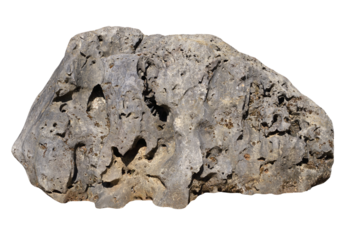 Porous grey rock isolated. Rough stone boulder with holes.