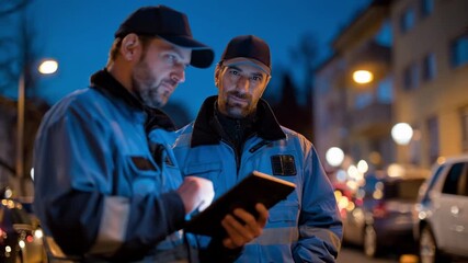 Professional security personnel checking a digital tablet while monitoring surveillance cameras in a parking lot at dusk.