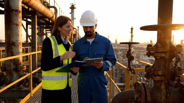 Inspecting refinery plant engineer and technician consult tablet. Engineer leads inspection while technician holds clipboard. Safety measures shown with hardhat and vest. Oil equipment visible onsite.
