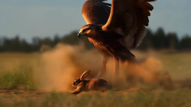 Eagle Hunting Rabbit in Golden Grass Field During Sunset with Dramatic Lighting and Motion Blur
