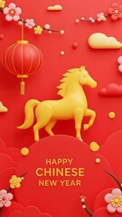 3D paper cut style Year of the Horse 2026 greeting card for mobile
