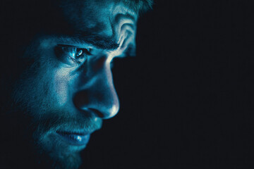 Digital eye strain affects man as he stares intently at screen in dark room, blue light reflecting on his face, showing stress and fatigue from prolonged device use