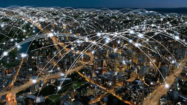 City Connectivity: A mesmerizing aerial view of a city at night, interconnected by a complex web of illuminated pathways, symbolizing the power of digital communication and global networks.
