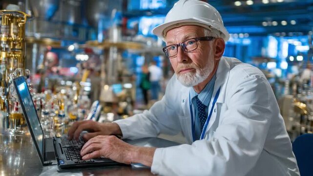 Mastering the Machine: An experienced engineer, clad in protective gear, meticulously operates a laptop amidst complex industrial machinery.