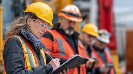 The Precision of Construction: A focused construction worker meticulously reviews plans, surrounded by colleagues, ensuring the project's meticulous execution and accuracy.