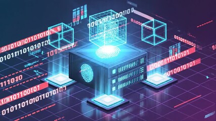 Futuristic server processing data in a high-tech digital environment with binary code streams - Powered by Adobe