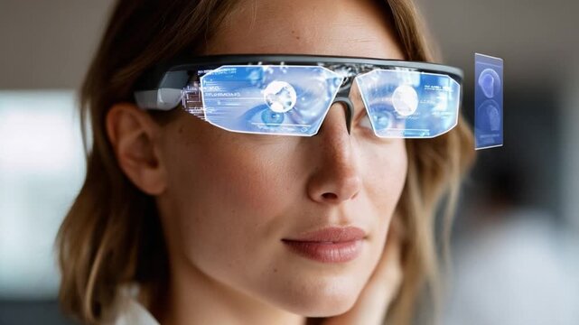 Visionary Technology: A woman models cutting-edge augmented reality glasses, with futuristic interfaces superimposed on the lenses.