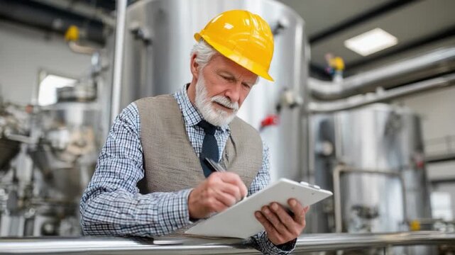 Crafting Assessment: An experienced engineer meticulously reviews reports in an industrial setting, his focus highlighting expertise and precision within a complex environment.