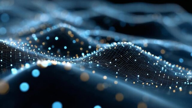Digital Data Flow: An abstract visualization showcasing data streams weaving and interconnecting in a dynamic, undulating pattern. Glowing particles illuminate the digital landscape.