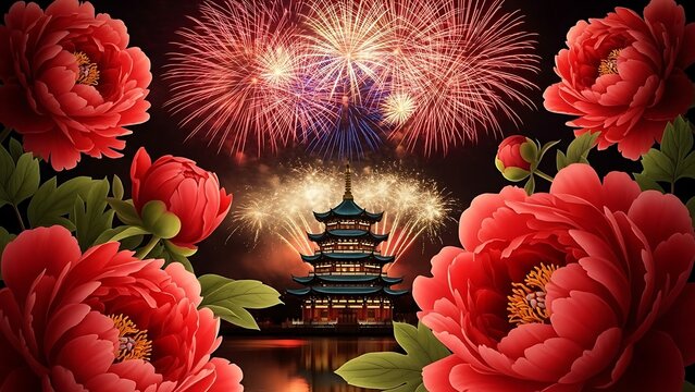 Traditional chinese pagoda at night with fireworks and red peony frame