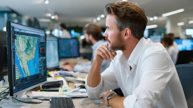 Focused Analyst at Work: Capturing the image of an analyst in a modern office, engrossed in analyzing data on a computer screen, embodying concentration and expertise in a professional setting.