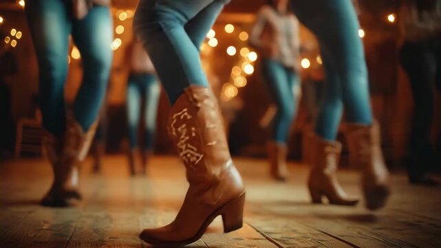 Line dancing at a country barn on a night full of fun with friends and music in a lively atmosphere