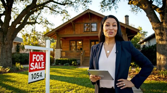 Woman realtor agent with tablet. House property shown with forsale sign on lawn and porch. Smile and confident pose for listing marketing. Professional service offering listing sale support. Pro.
