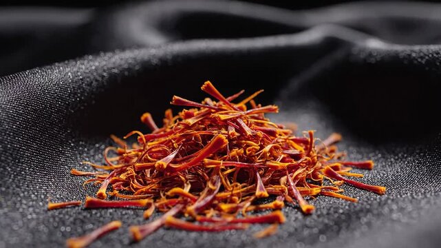 Pile of Brilliant Saffron Threads on Dark Fabric, Luxurious Culinary Spice