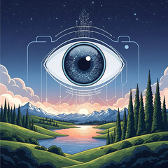 Futuristic landscape with eye and camera overlooking serene mountain lake