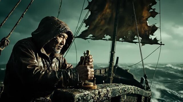 Sailor uses sextant in storm. Captain and navigator adjusts course on ship. Maritime navigation guides boat through rough sea. Wet deck torn sail heavy rain and waves create tense atmosphere. Stoic.