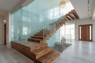 Modern staircase with wooden steps and glass railing in luxury home interior. Visualize contemporary design and architecture for your next project.