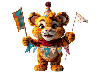 Cheerful tiger mascot holding colorful flags and bunting.