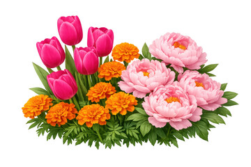 Fototapeta premium Vibrant spring floral arrangement featuring pink tulips, light pink peonies and bright orange marigolds on transparent background