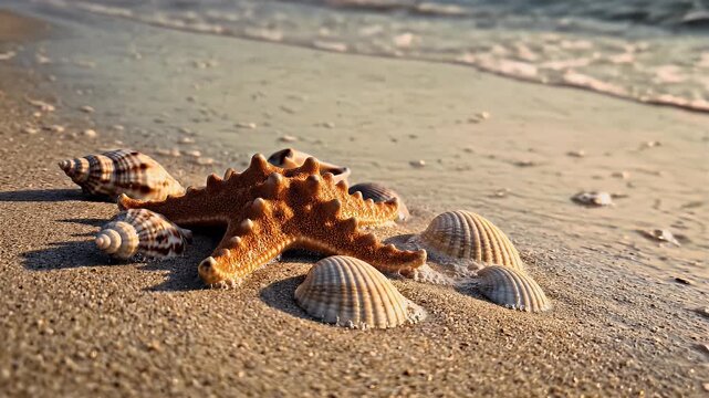 A collection of seashells and starfish on a serene beach at sunrise