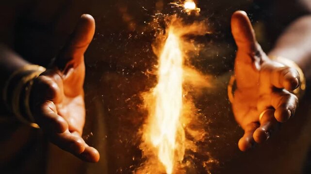 Hands conjuring a mystical flame, Person with outstretched hands conjuring a flame, with a mystical aura surrounding the fire