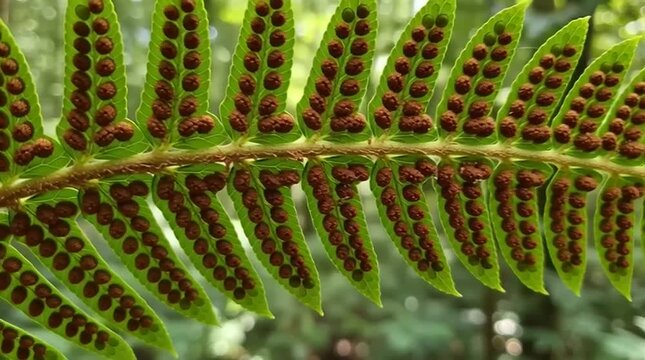 Close-up of fern frond with sori, showing intricate natural patterns and green forest background.