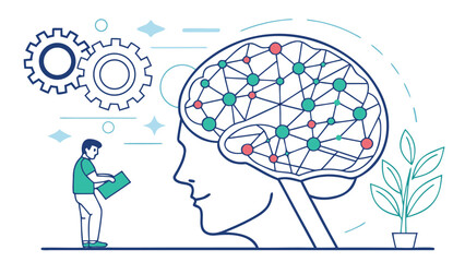 A vector graphic illustration of a man with a brain showing neural connections and gears
