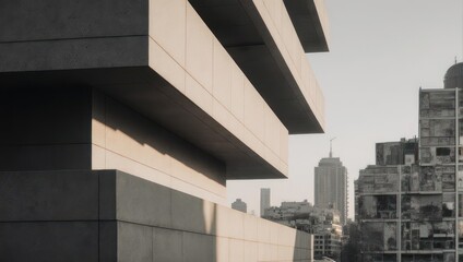 Obraz premium Angular, modern building's facade contrasts with a distant cityscape under a pale sky