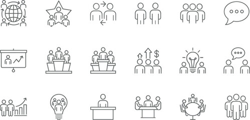 Set of linear business icons featuring teamwork leadership global communication brainstorming and corporate strategy development for professional presentations.
