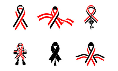 Stylized graphic assortment of black, white, and red ribbons, ideal for representing national pride, community unity, awareness campaigns, and significant commemorative events