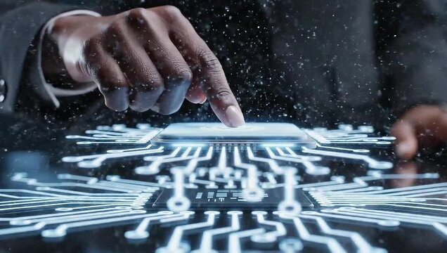 Hands activate glowing microchip on circuit board.