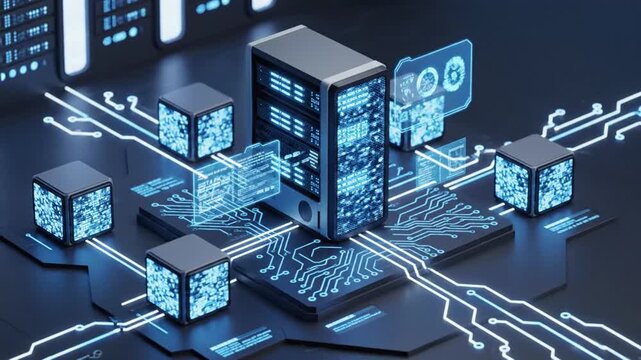 Futuristic server setup with interconnected data cubes and circuitry in a high-tech environment from an isometric viewpoint