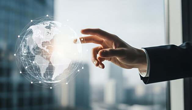 Corporate hand reaching to touch a digital world visualization with network connections and map outlines, designed for global business and communication concepts. - Powered by Adobe