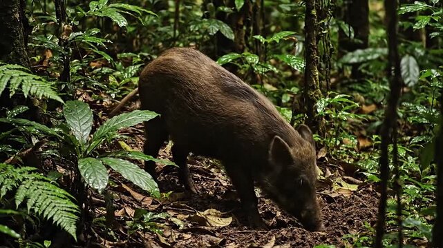 A small boar looking around for food in the rainforest of the Amazon in South America
